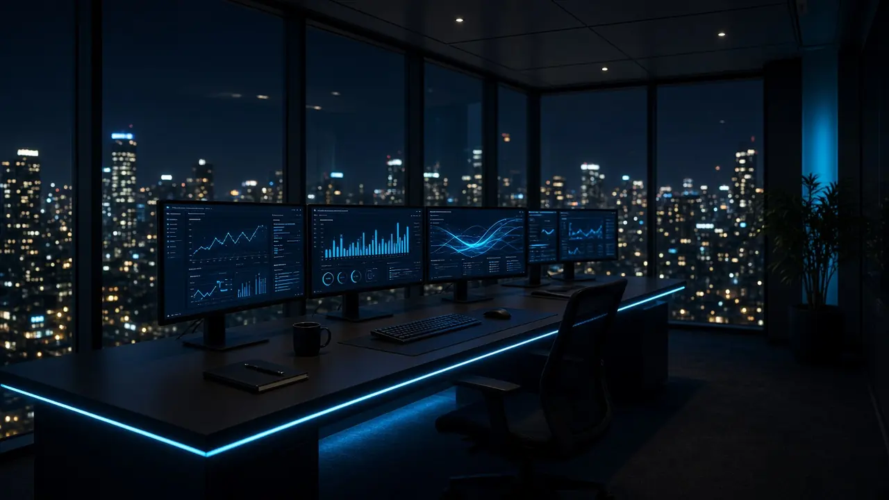 Oficina oscura de noche con monitores y luces de ciudad